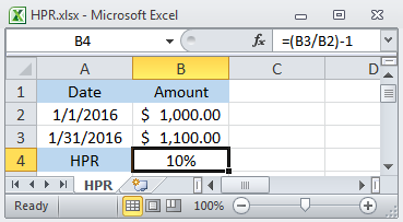 Excel Spreadsheet showing Holding Period Rate of Return (HPR)