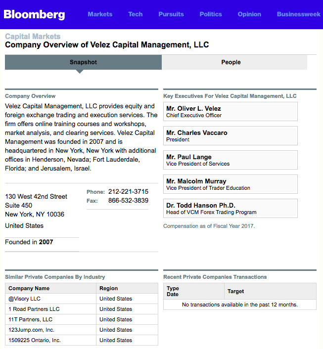 A Bloomberg Overview of Velez Capital Management, LLC