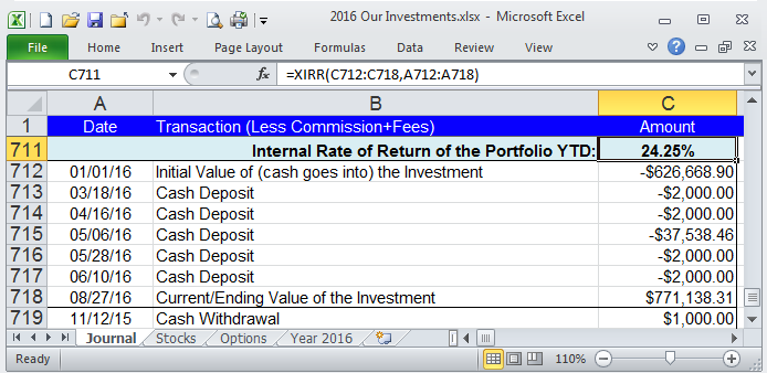 Excel Spreadsheet using XIRR() function